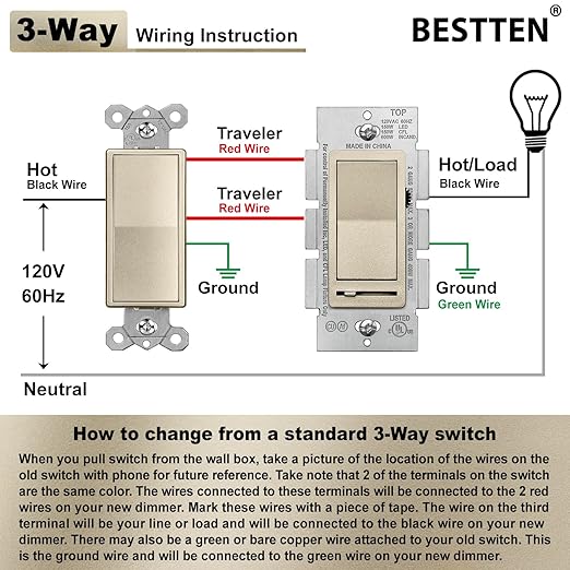BESTTEN 10 Pack Matte Champagne Gold Dimmer Light Switch, Single Pole or 3-Way - Image 6