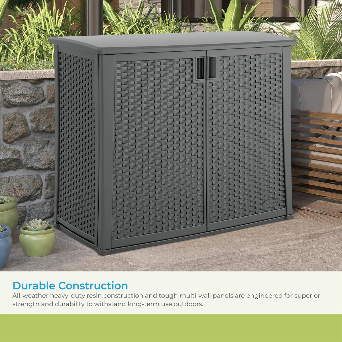 suncast lockable outdoor cabinet storage for patio, garden, side view