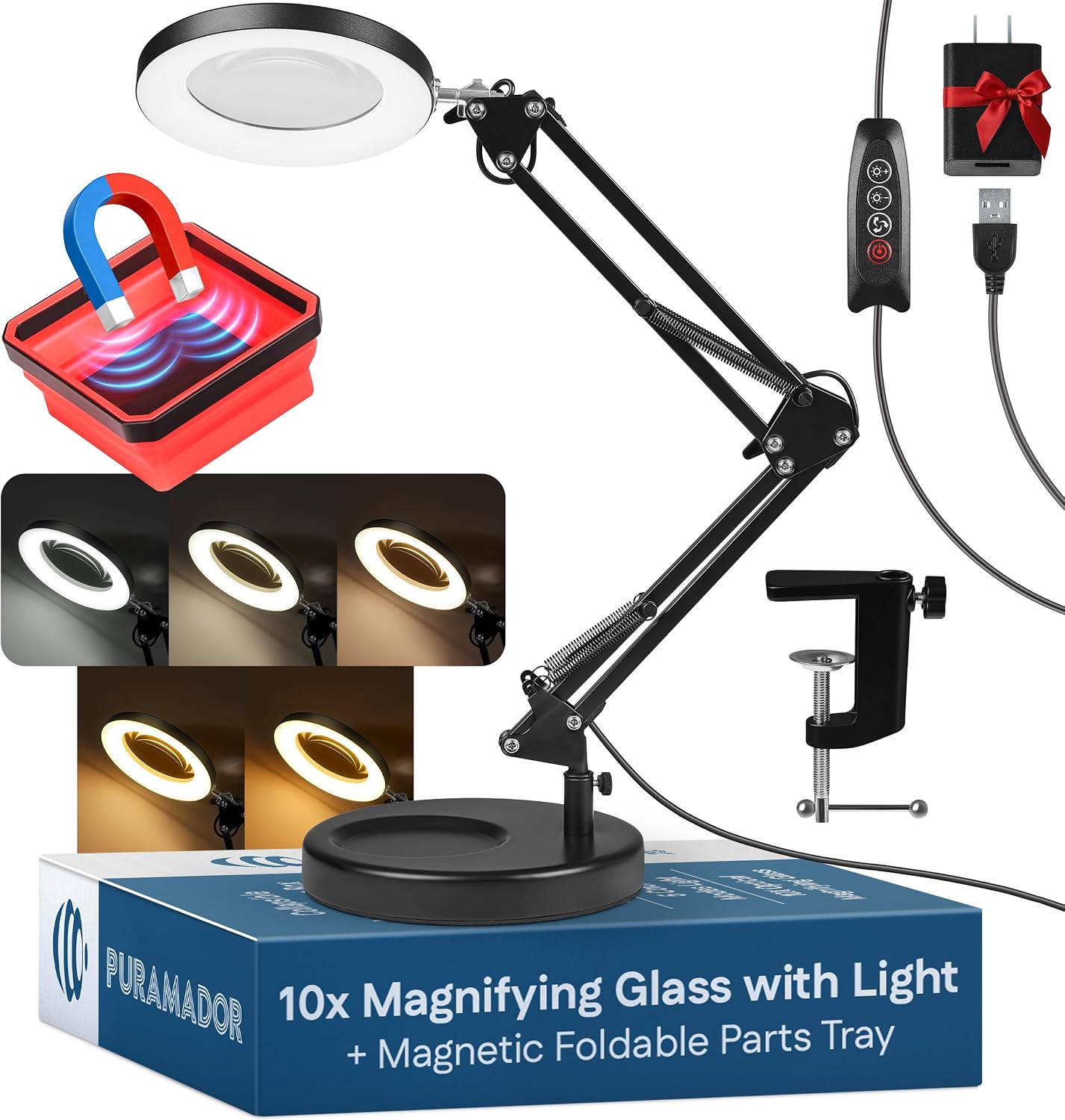10X Magnifying Lamp - Desk Magnifying Glass with Light, Lighted Magnifying Glass with Stand, Magnifying Light, 5 Color Modes, 2 Mounting Options, USB Cable, Adapter & Magnetic Tray, Black