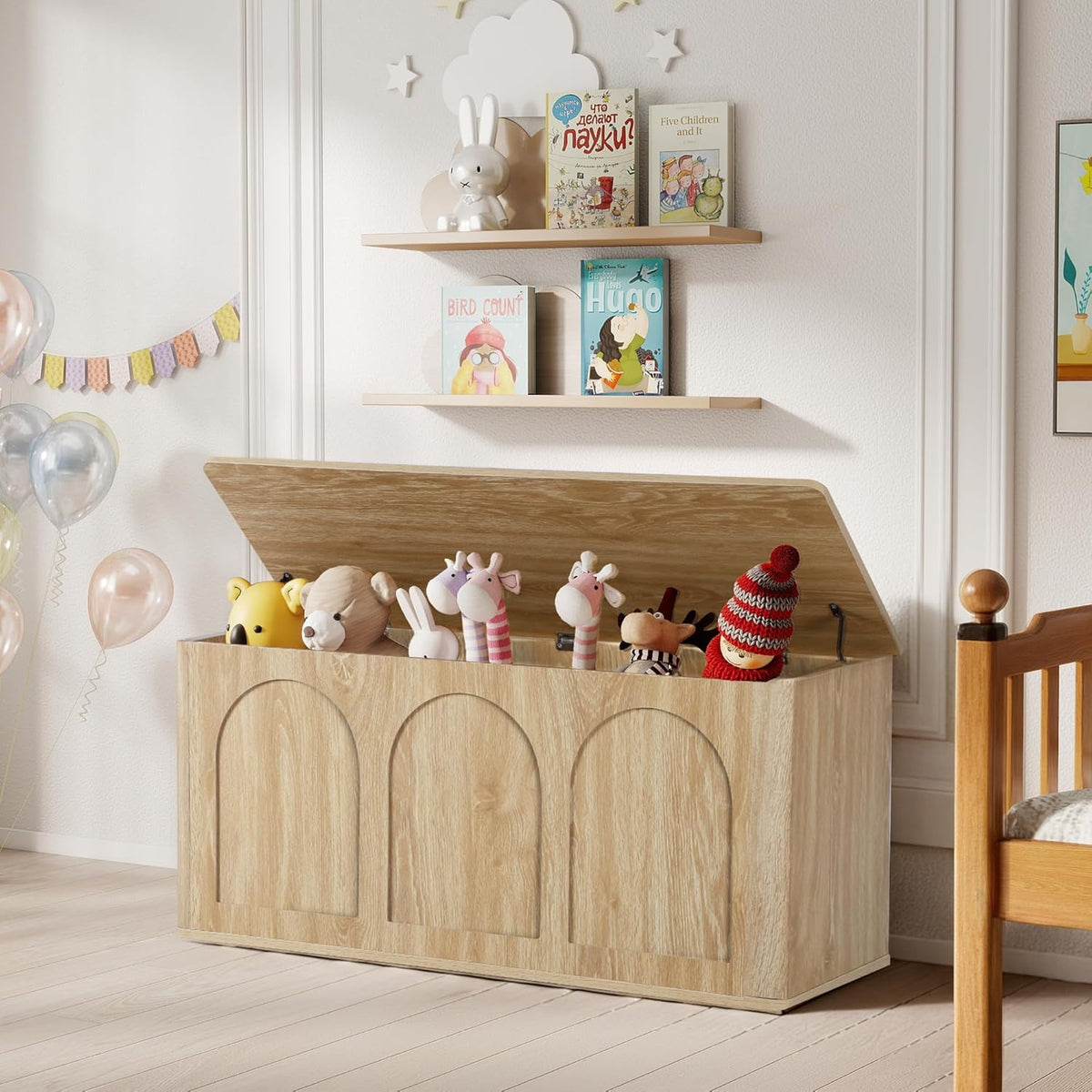 storage chest, 43'' wood storage trunk with flip-top, close-up detail