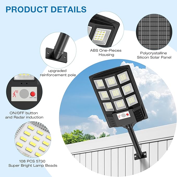Solar Lights Outdoor, IP66 Waterproof Solar Street Lights Outdoor, 6500K LED - Image 8