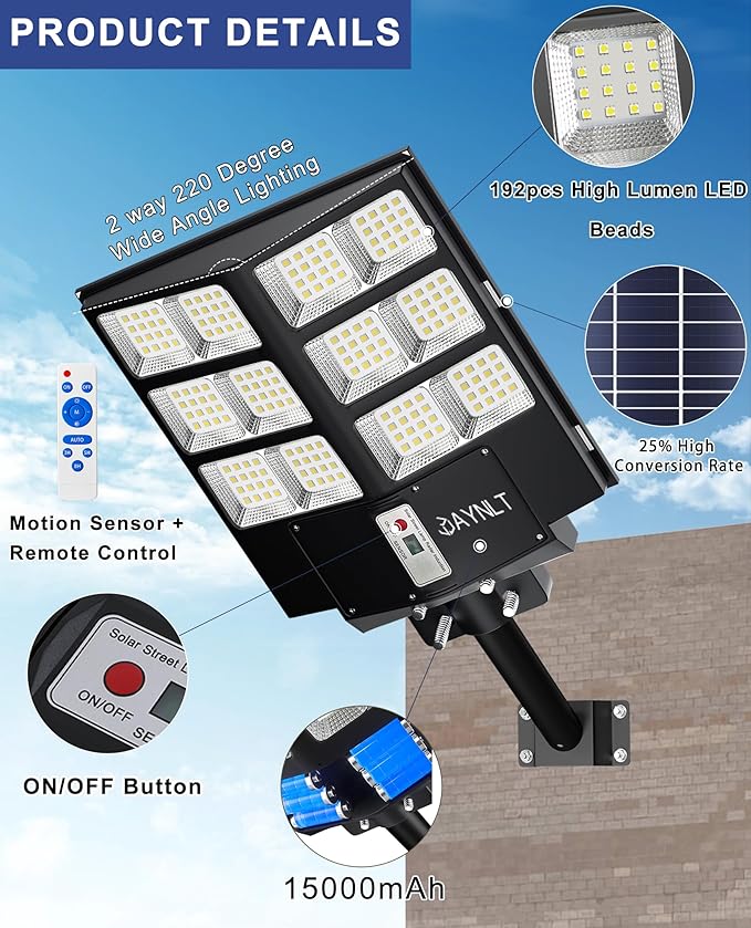 JAYNLT Y-2000W Solar Street Light, 200000LM 6500K Solar Flood Lights Outdoor - Image 5