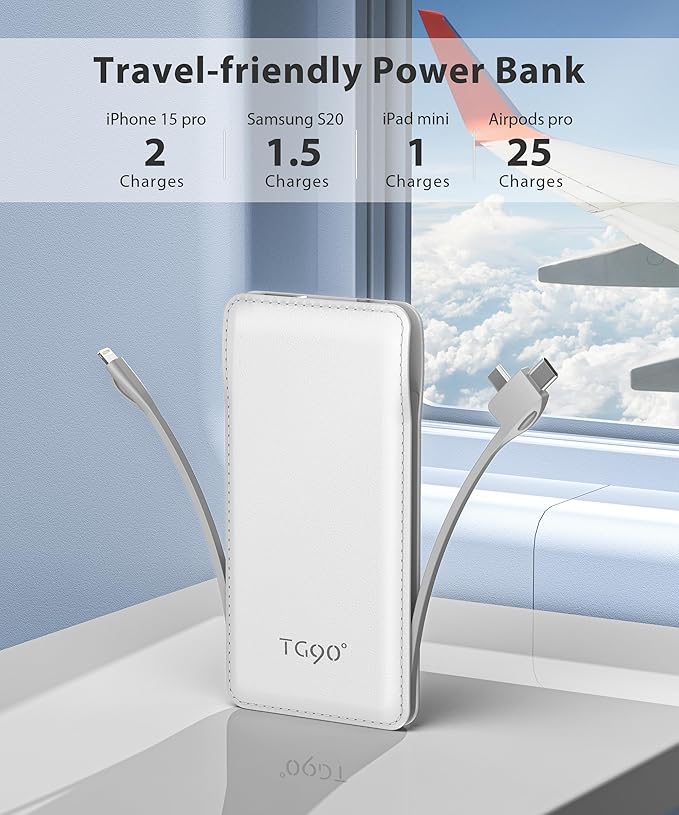 TG90° 10000mAh Power Bank Built-in Cables, Pocket Size USB C Portable Charger - Image 5