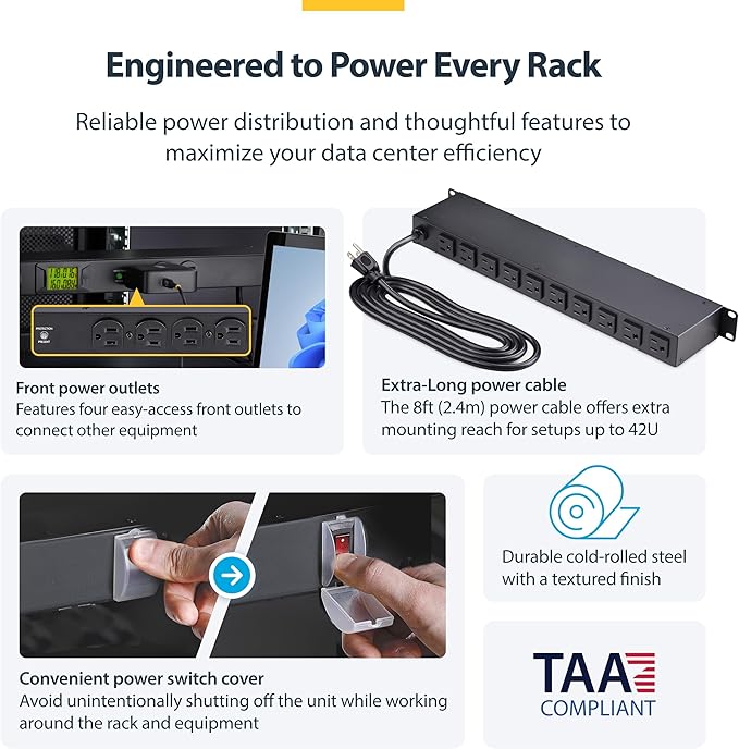StarTech.com 16-Outlet Horizontal Rack Mount Metered PDU, 1U Server Power Strip - Image 5