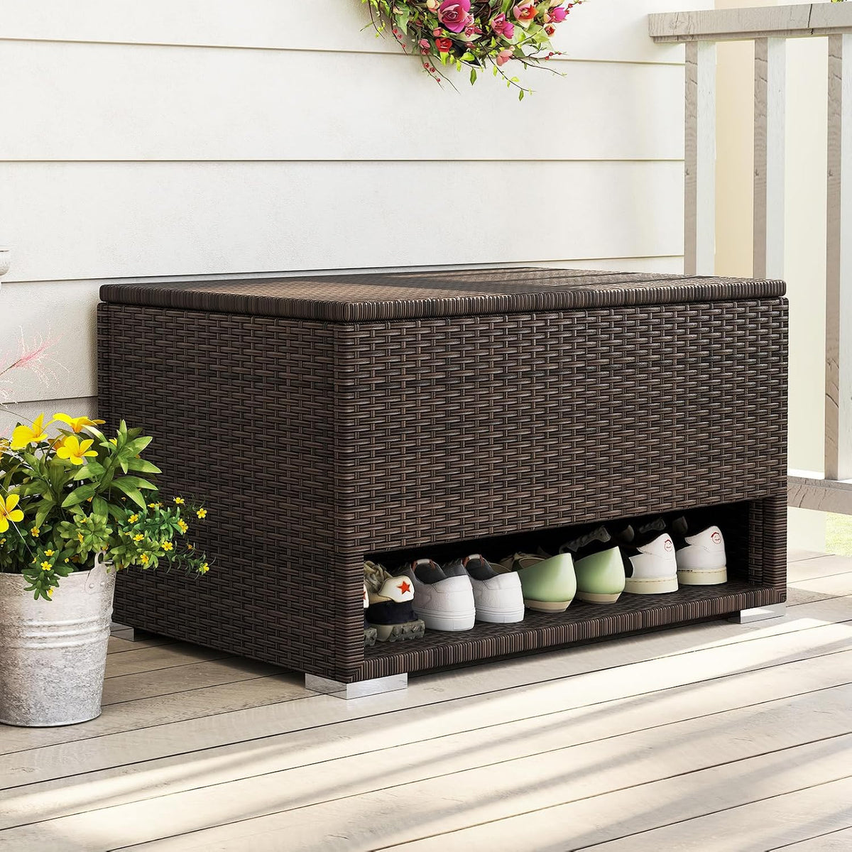 tangkula 48 gallon rattan outdoor storage box with shown in use