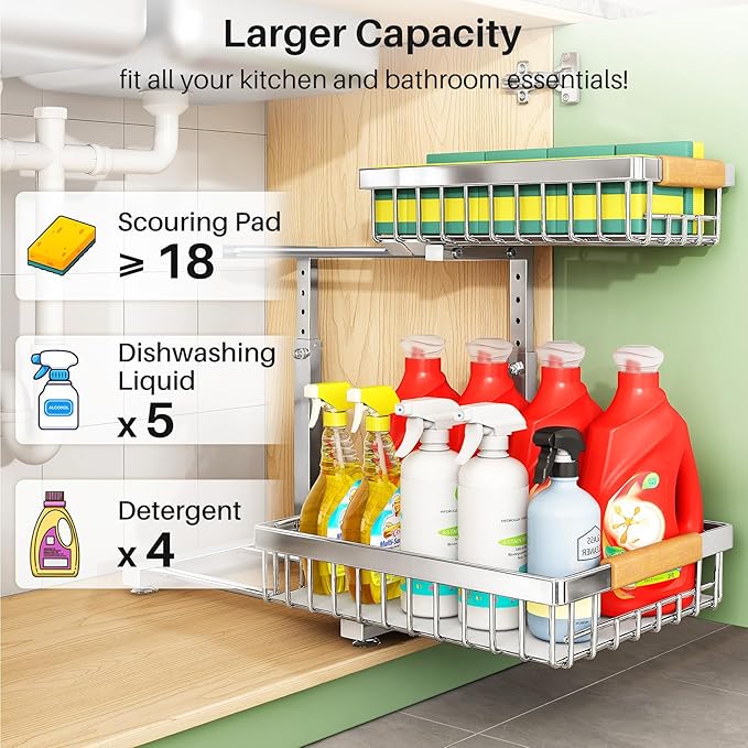 Under Sink Organizer, Stainless Steel 2 Packs 2 Tier Under Sink Organizers and - Image 4