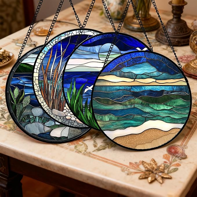 AMDERVEN Stained Glass Window Hanging 4 Pcs Set Navy Blue Ocean Landscape Large - Image 2