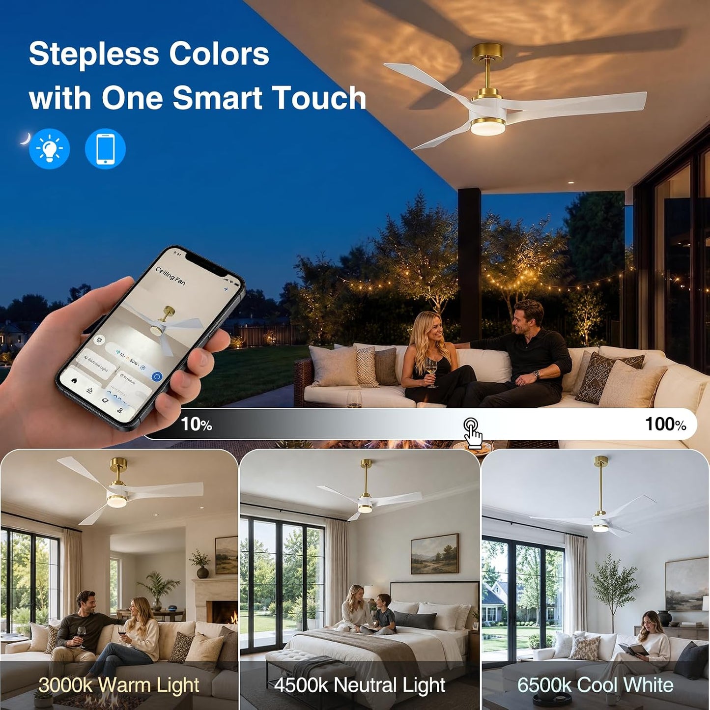56 inch Modern Smart Ceiling Fan with Light, Gold White Outdoor Ceiling Fans for Patios with Alexa/Google/App and Remote Control, 3 Blade DC High CFM for Indoor Bedroom/Living Room/kitchen Ceiling Fan