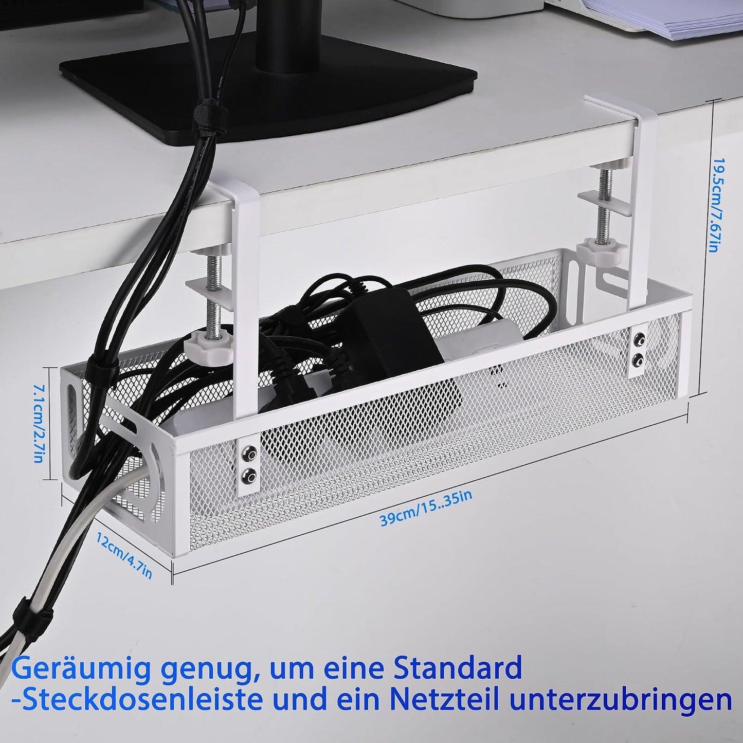 Under Desk Cable Management Tray Small – Clamp-Mounted Wire Organizer & Cord Management Under Desk Holder, No-Drill Metal Cable Tray for Home Office (White)