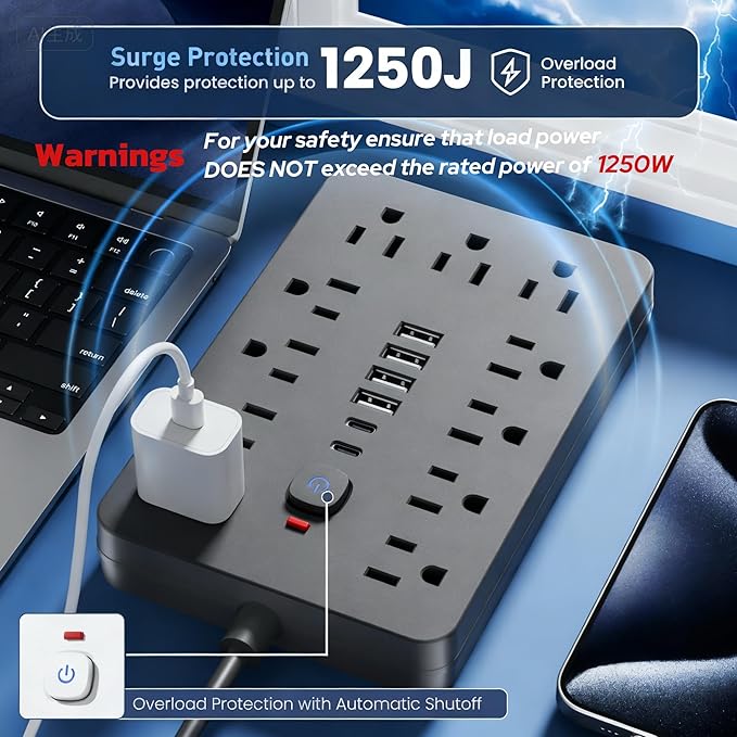 JouleLoom 10 FT Flat Plug Surge Protector Power Strip, 11 Multiple AC Outlets - Image 8