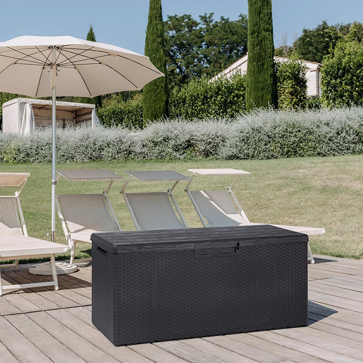 toomax deck box - lockable lid, gray showing dimensions