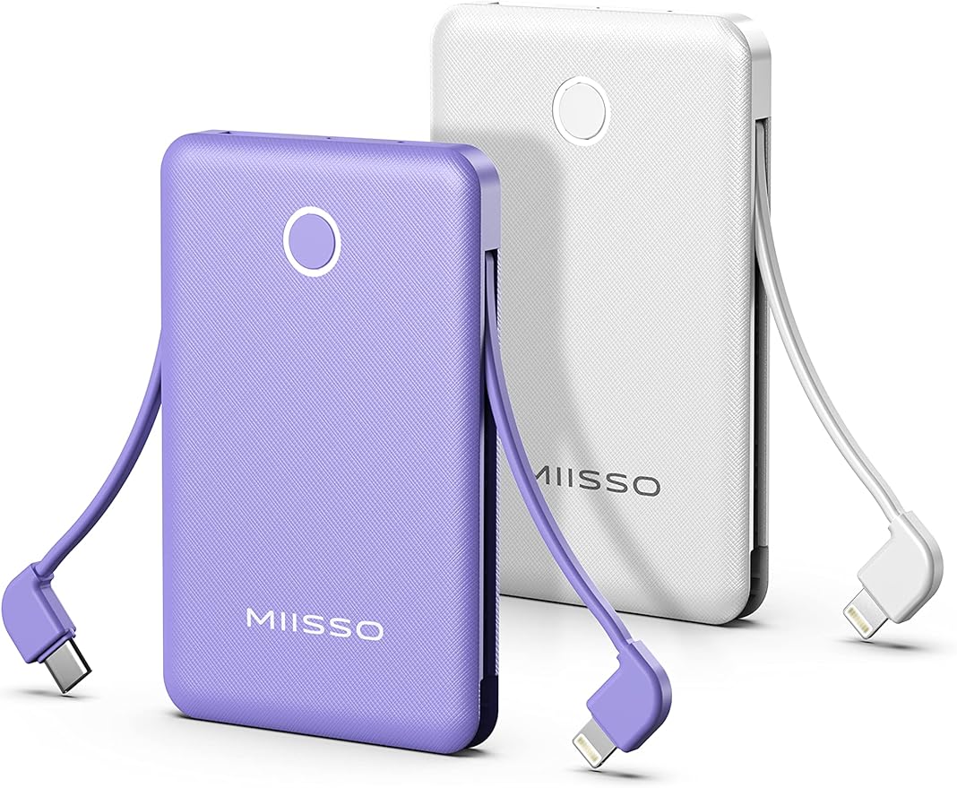 6000mah Ultra Slim Built in Cables Power Bank, Card Size Built in USB C Cords by MIISSO
