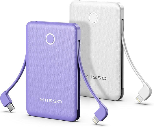 6000mah Ultra Slim Built in Cables Power Bank, Card Size Built in USB C Cords by MIISSO