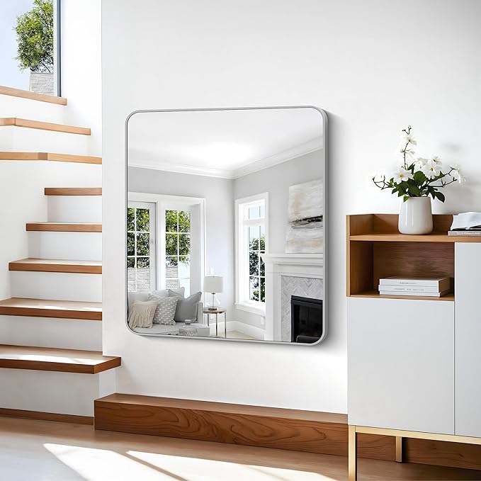 36x40 Inch Silver Bathroom Mirror, Metal Framed Silver Rectangle Mirrors - Image 3