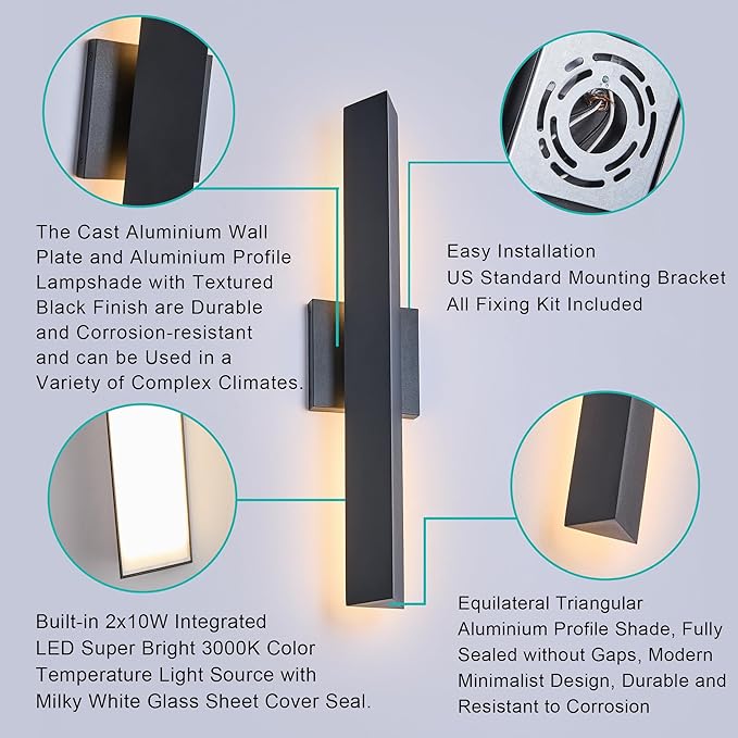 Tarentlight Modern Minimalist 20W LED Outdoor Wall Light, IP65 Waterproof - Image 7