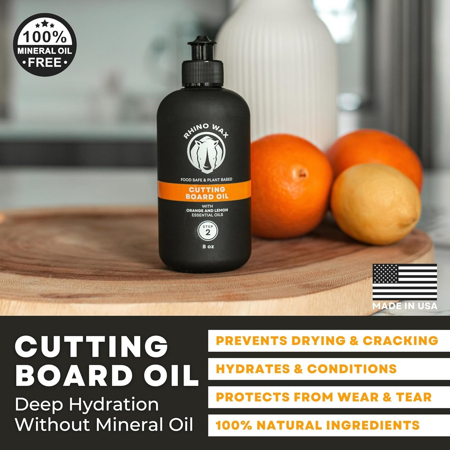 Cutting Board Oil 8 oz - Food-Safe Coconut Blend (NO Mineral Oil) | Protect cutting boards with food-safe coconut oil that helps prevent drying, cracking and warping with a fresh citrus scent.