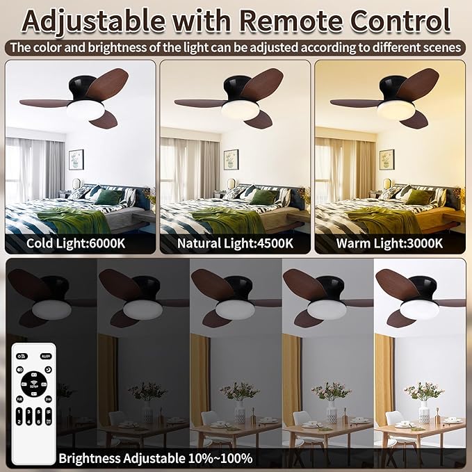 Glowall Small Ceiling Fan with Lights and Remote, 25 Inch Flush Mount, - Image 4