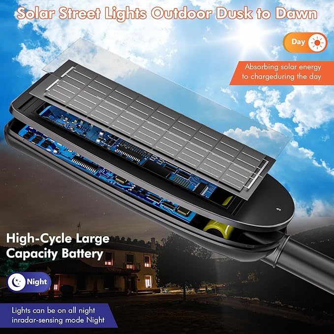 MMKT Solar Street Lights Outdoor, 3 Color Warm White LED Dusk to Dawn IP65 - Image 3