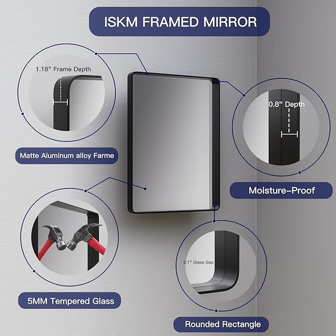 ISKM Black Bathroom Mirror for Wall 40" x 38" Matte Black Framed Vanity Mirror - Image 3