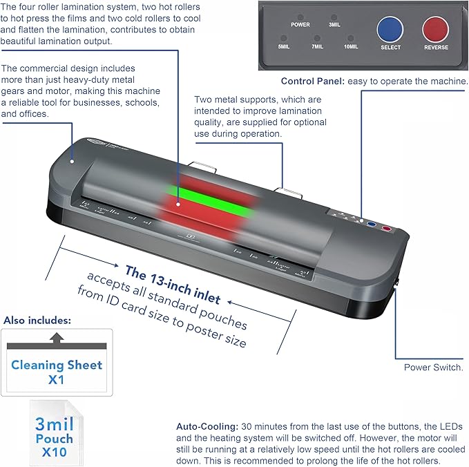 SINCHI 13-Inch Thermal Laminator & Foil Applicator, 3–10 Mil, 55s Warm-Up - Image 5
