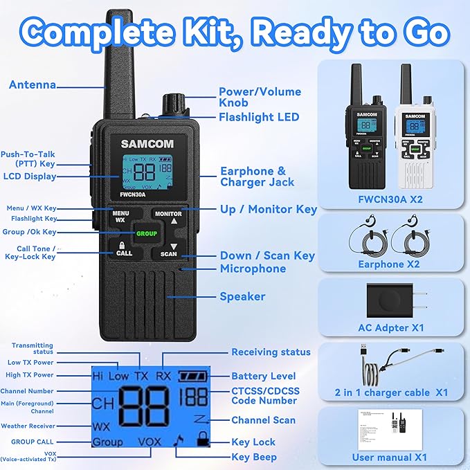 SAMCOM Group Call Walkie Talkies, FWCN30A 2 Way Radio Long Range, 22 Channel - Image 8