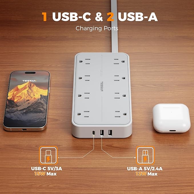 TESSAN Flat Plug Extension Cord 6 FT, Surge Protector Power Strip - Image 4