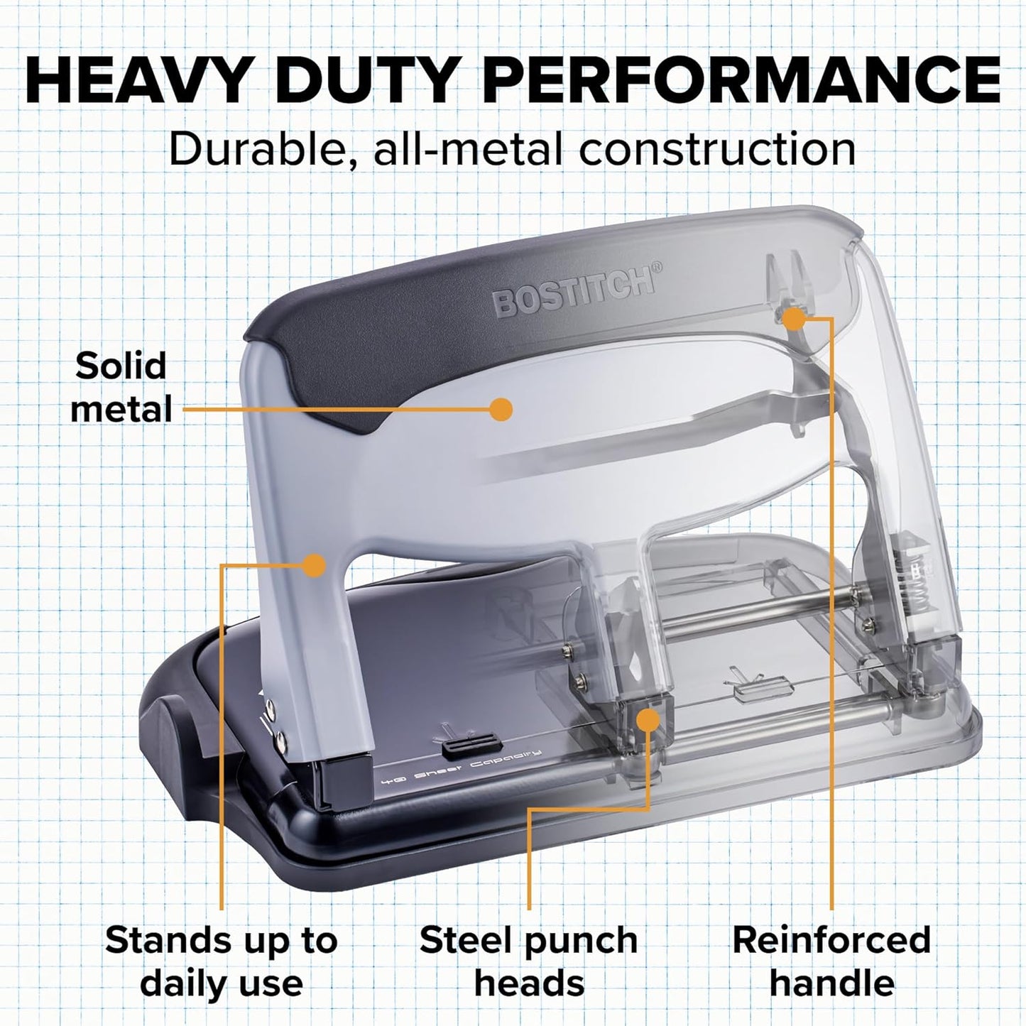 Bostitch EZ Squeeze 3 Hole Paper Punch, 40 Sheet Capacity, Heavy Duty Metal Office Hole Puncher with Chip Tray, Non-Slip Base & Paper Guide, 9/32" Holes for Binders, School & Home Office