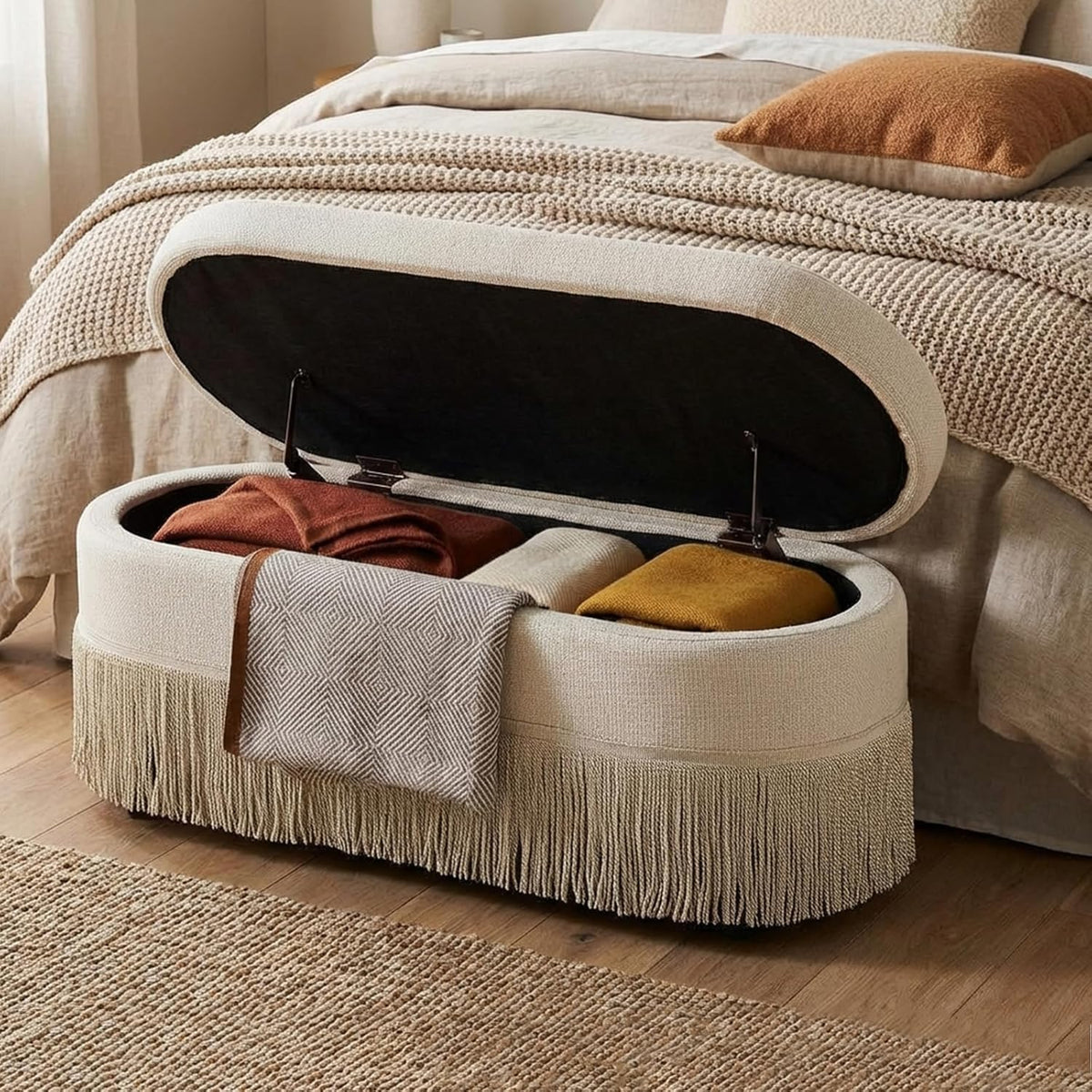 39.4“ boho storage ottoman bench with tassels,upholstered end, main product view