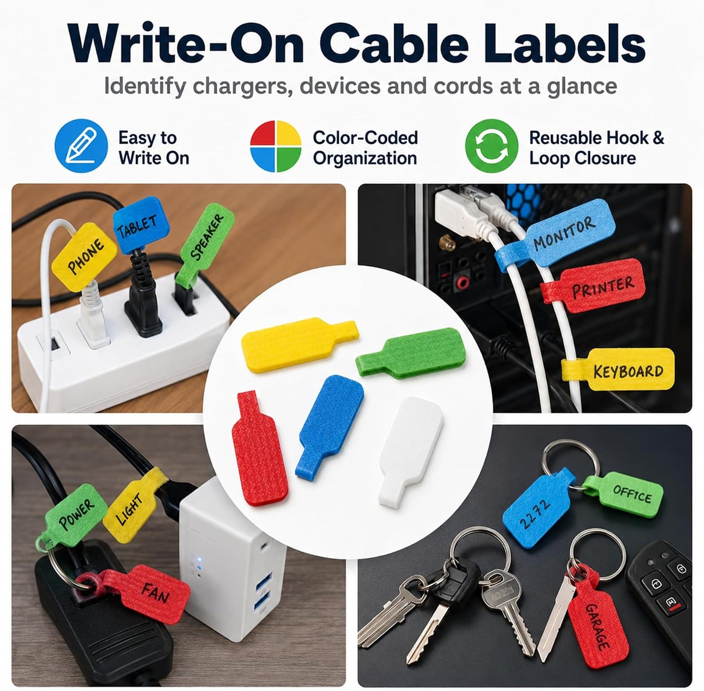 Cable Management Kit, 135 Pcs Reusable Cable Ties and Cord Labels | with Adhesive Cable Clips, Hook and Loop Straps for Under Desk Wire Organizer Home Office - Multicolor