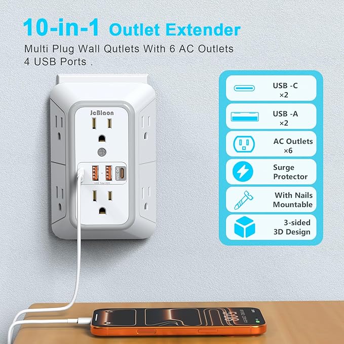 JcBlaon Multi Plug Outlet Surge Protector, Wall Charger - Image 2