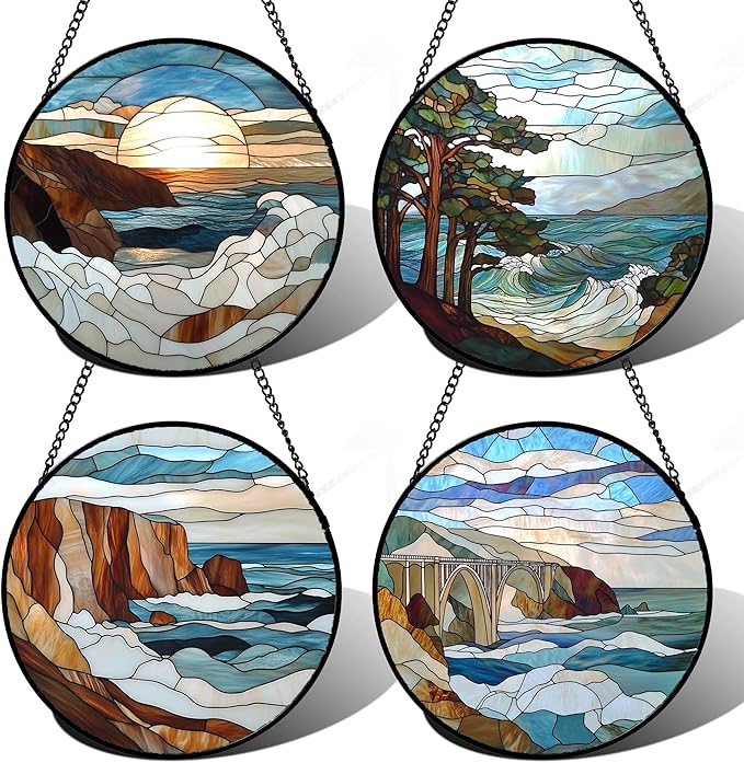 DASTOLL Stained Glass Window Hanging 4 Pcs Set Ocean Waves 6.3" by DASTOLL