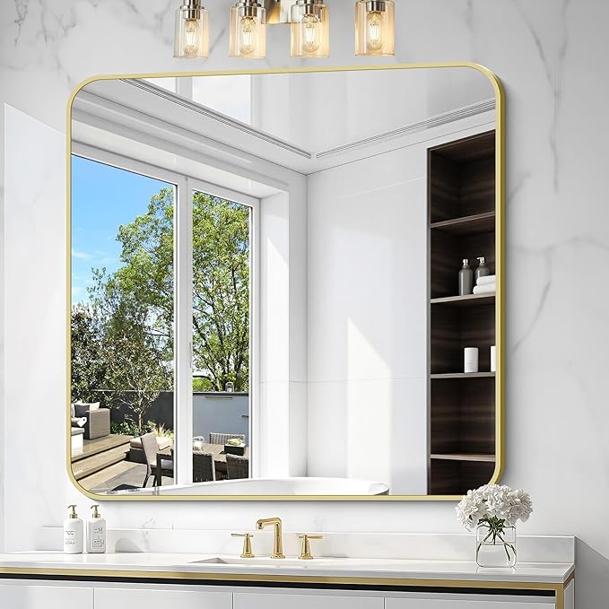 Gold Bathroom Mirror, 42x42 Inch Metal Framed Square Mirror, Rounded Corner by WelcometoCIVENO