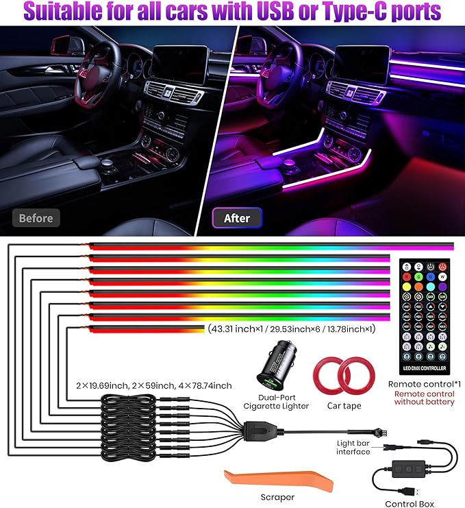 KENANEK 234’’ Acrylic Car Ambient Lighting Kit – 8 RGB LED Light Strips - Image 2