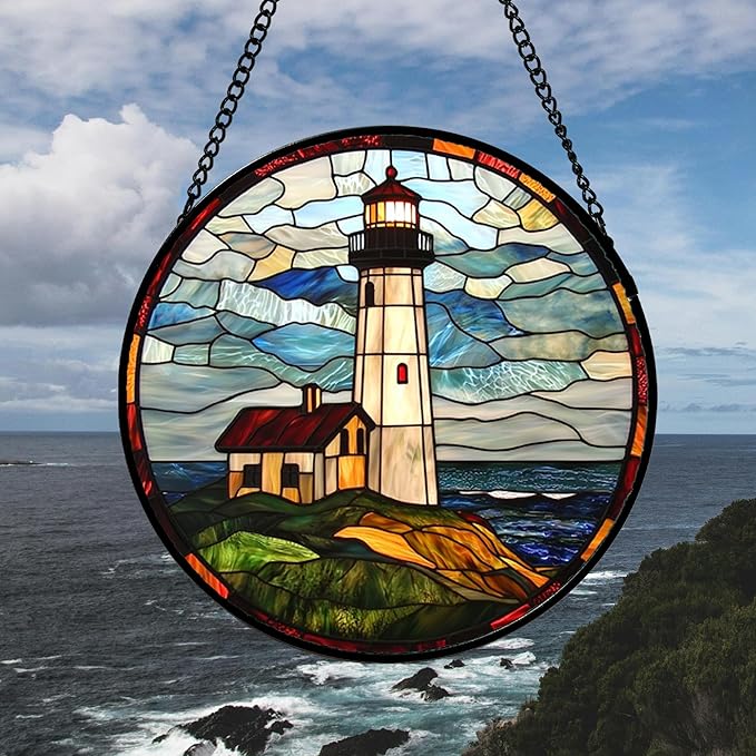 DASTOLL Stained Glass Window Hanging, Ocean Lighthouse Sun Catchers Glass Panel - Image 4