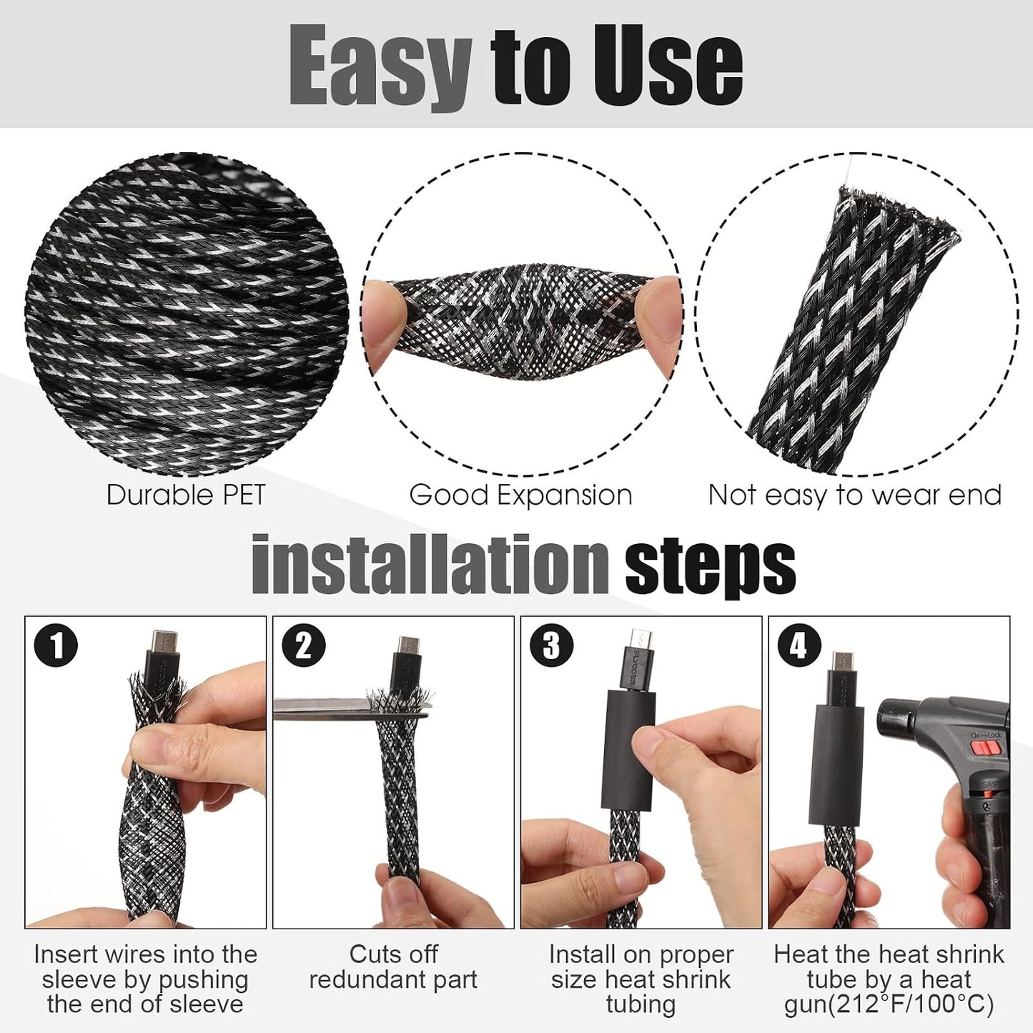 Tatuo 151 ft Expandable Braided Cable Sleeve Multi Size Braided Wire Sleeve with Heat Shrink Tubing for Television Audio Computer Cables Video Pet, 1/4 in, 2/5 in, 1/2 in, 3/4 in(Silver, Black)