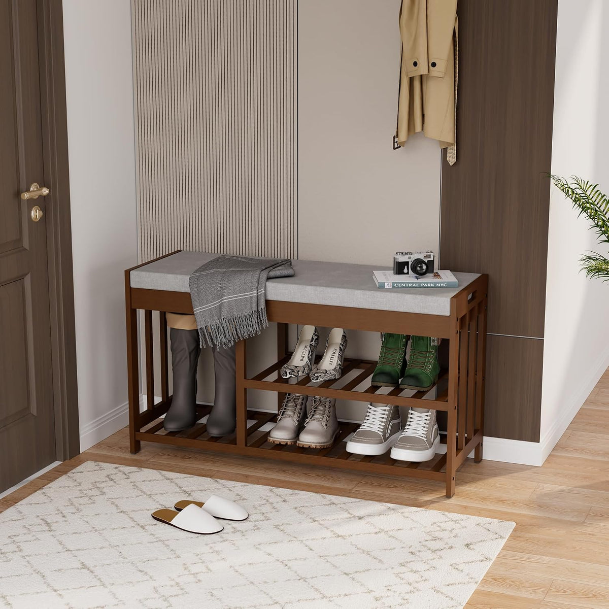 bamboo shoe storage bench with cushioned seat 3-tier shown in use