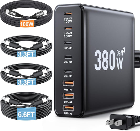 380W USB C Charger Block, with 4 USB Cables 8-Port USB C Charging Station Dual