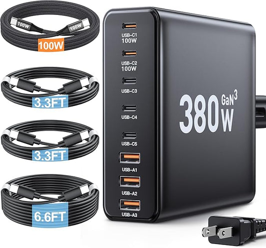 380W USB C Charger Block, with 4 USB Cables 8-Port USB C Charging Station Dual by Ediliow