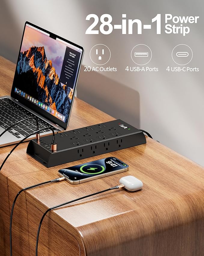 Surge Protector Power Strip 4800J, LeZone 10Ft Long Extension Cord Flat Plug - Image 2