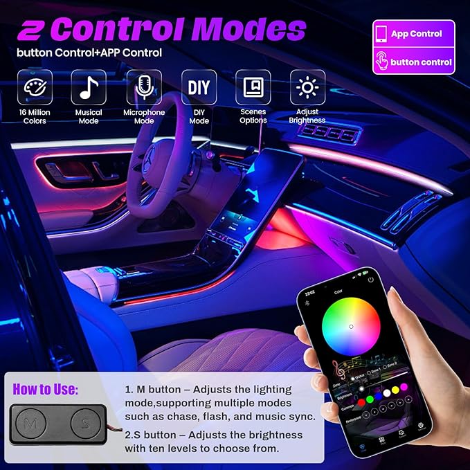Acrylic Interior Car LED Strip Lights, Colorful 10-in-1 Car Ambient Lighting Kit - Image 5