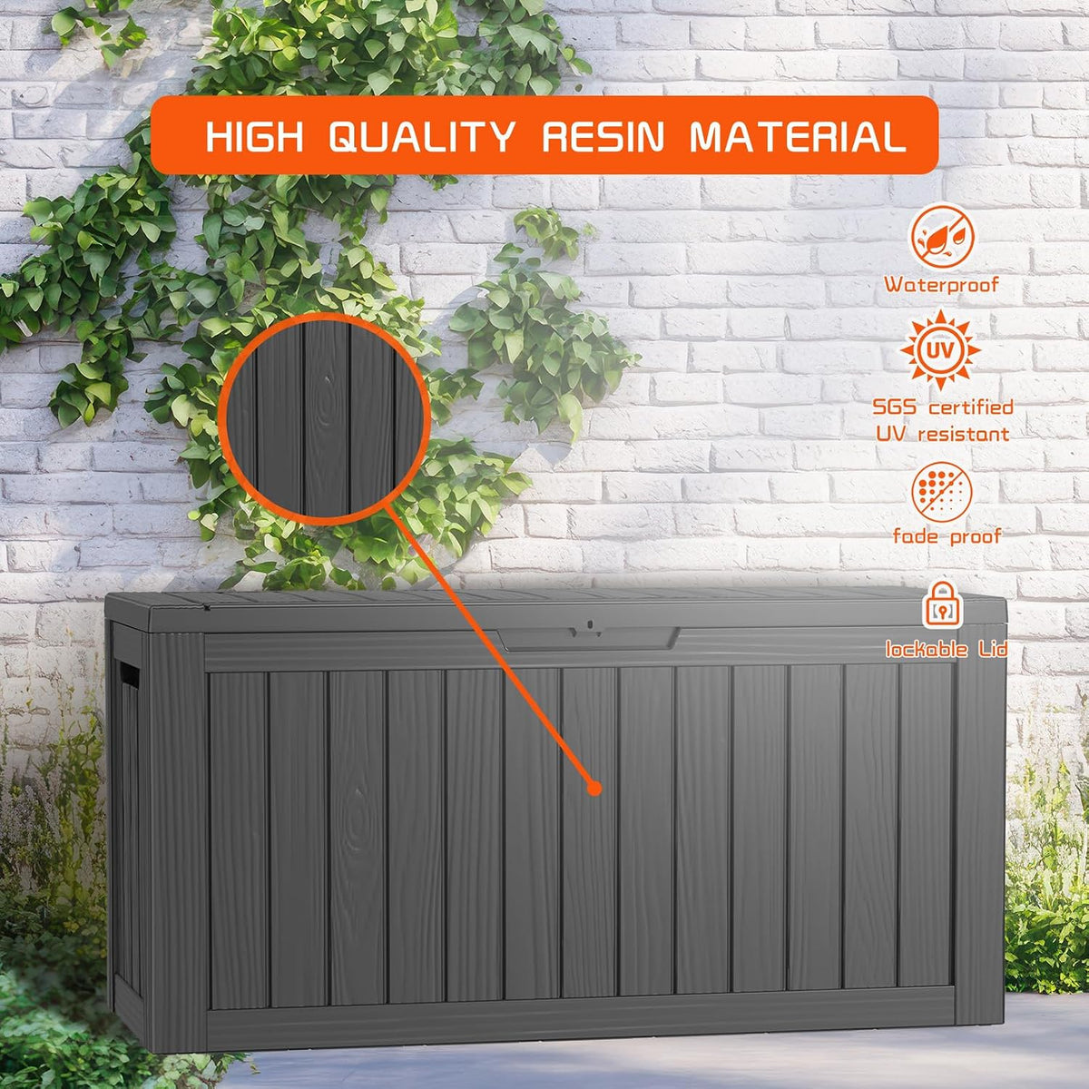 drato 80 gallon deck box, outdoor storage box, side view