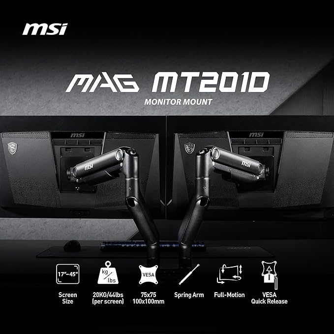 MSI MAG MT201D - Premium Heavy Duty Dual Monitor Stand Arms, 17-45" Support - Image 2