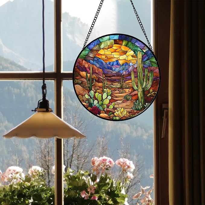 CRISGIF Stained Glass Window Hanging Cactus Mountains Landscape 7.8" - Image 3