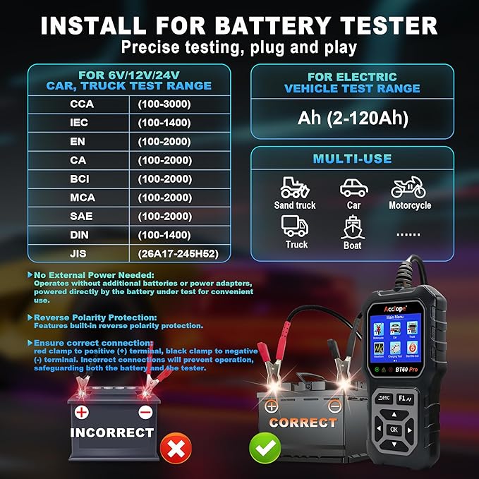 Acclope BT60 Pro Car Battery Tester, Digital Analyzer - Image 6