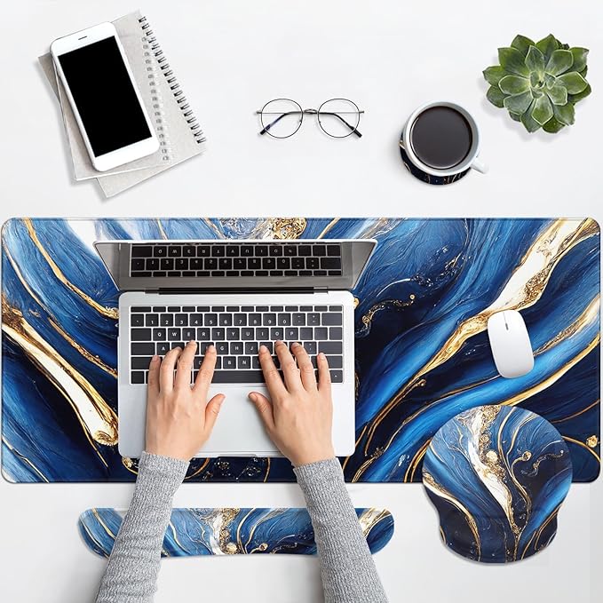 Britimes Blue and Gold Marble Keyboard Mouse Pad Set 4in1 Large - Image 6