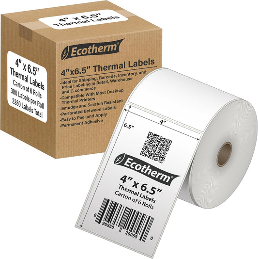 4" x 6.5" Thermal Labels | 6 Rolls | 2280 Labels | fits Zebra, Offnova Thermal