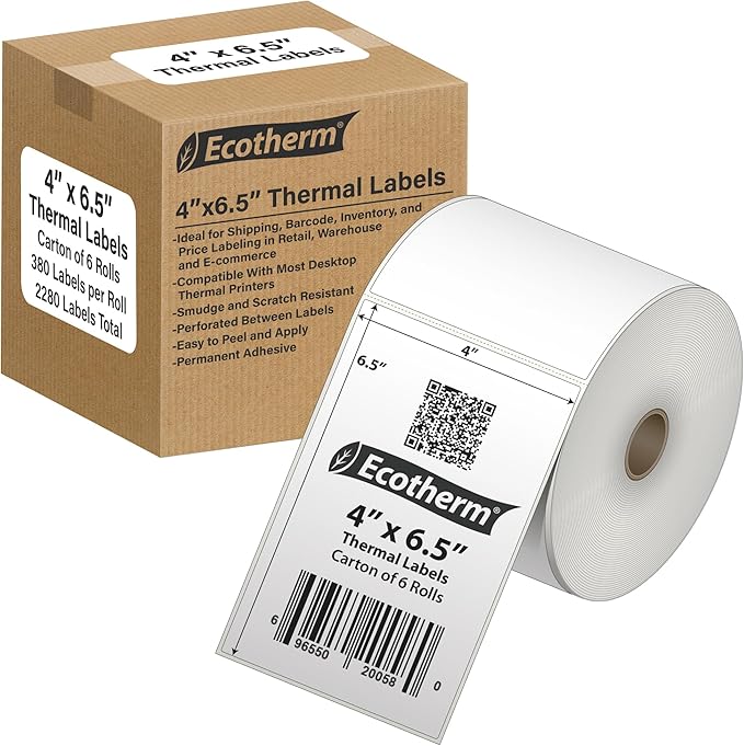 4" x 6.5" Thermal Labels | 6 Rolls | 2280 Labels | fits Zebra, Offnova Thermal by EcothermProducts