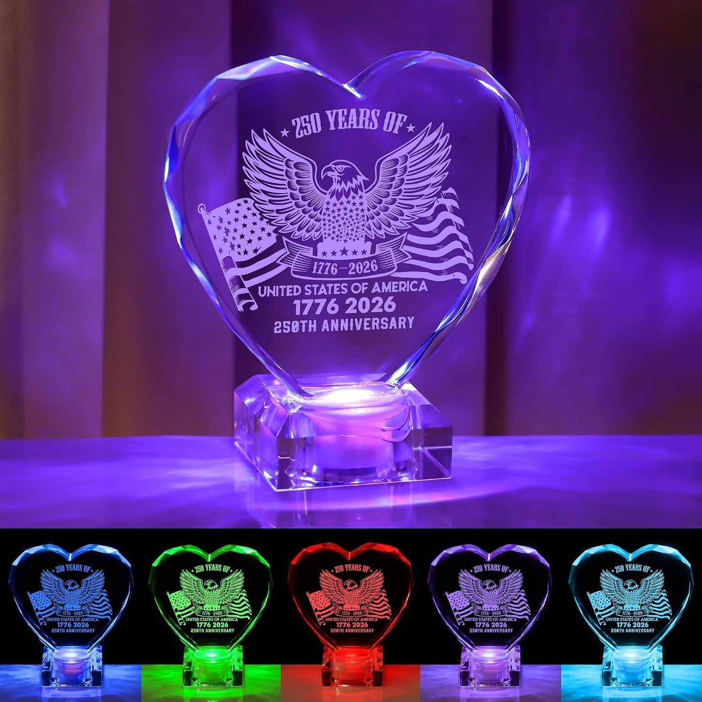 250th Anniversary 1776-2026 Heart Crystal LED Lamp, Engraved Crystal Night Light with Auto Color Changing, USB Powered Desk Decor Lamp for Men Women Veterans History Lovers