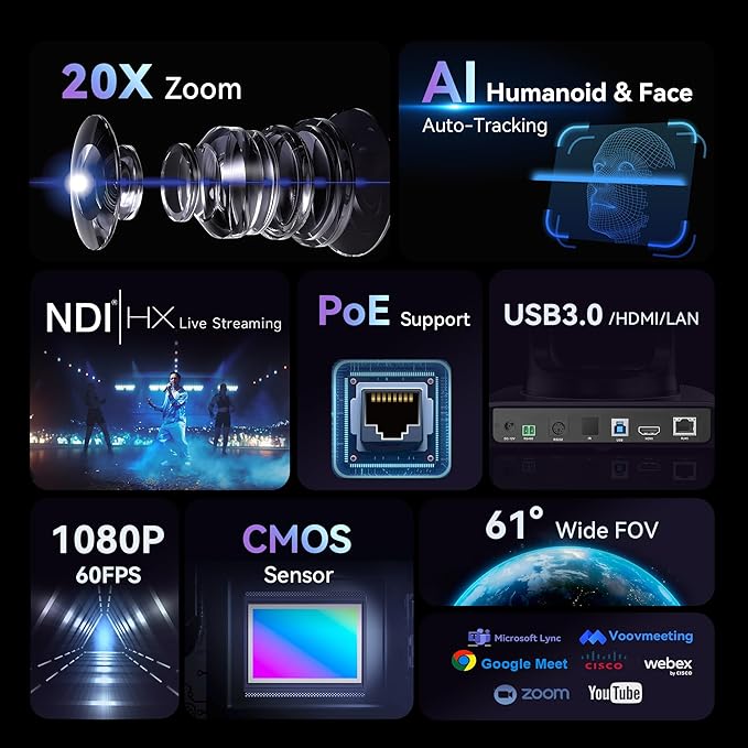 Tenveo NDI PTZ Camera AI Humanoid & Face Auto-Tracking, HDMI/LAN/USB3.0 PoE PTZ - Image 2
