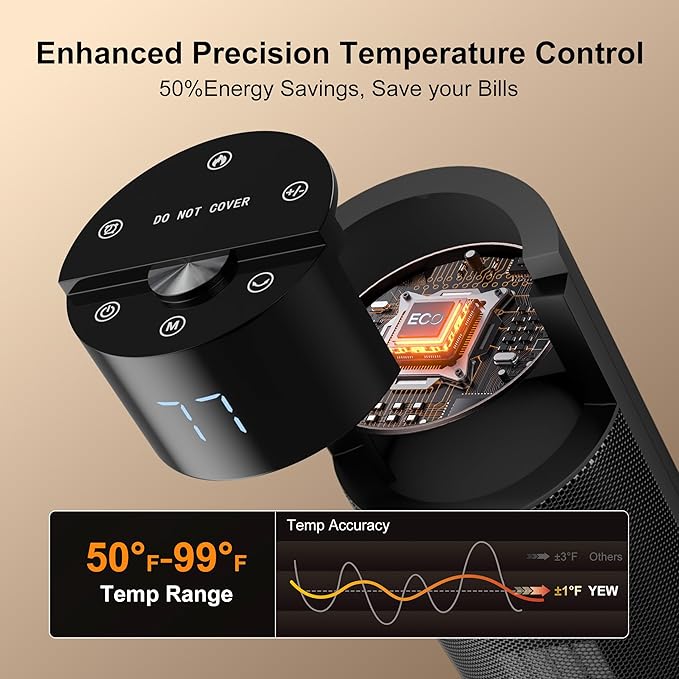 YEW Space Heater for Indoor Use, 80° Oscillating, 24H Timer, Thermostat & ECO - Image 6